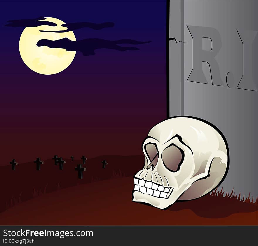 Illustration of a skull in  a graveyard. Illustration of a skull in  a graveyard