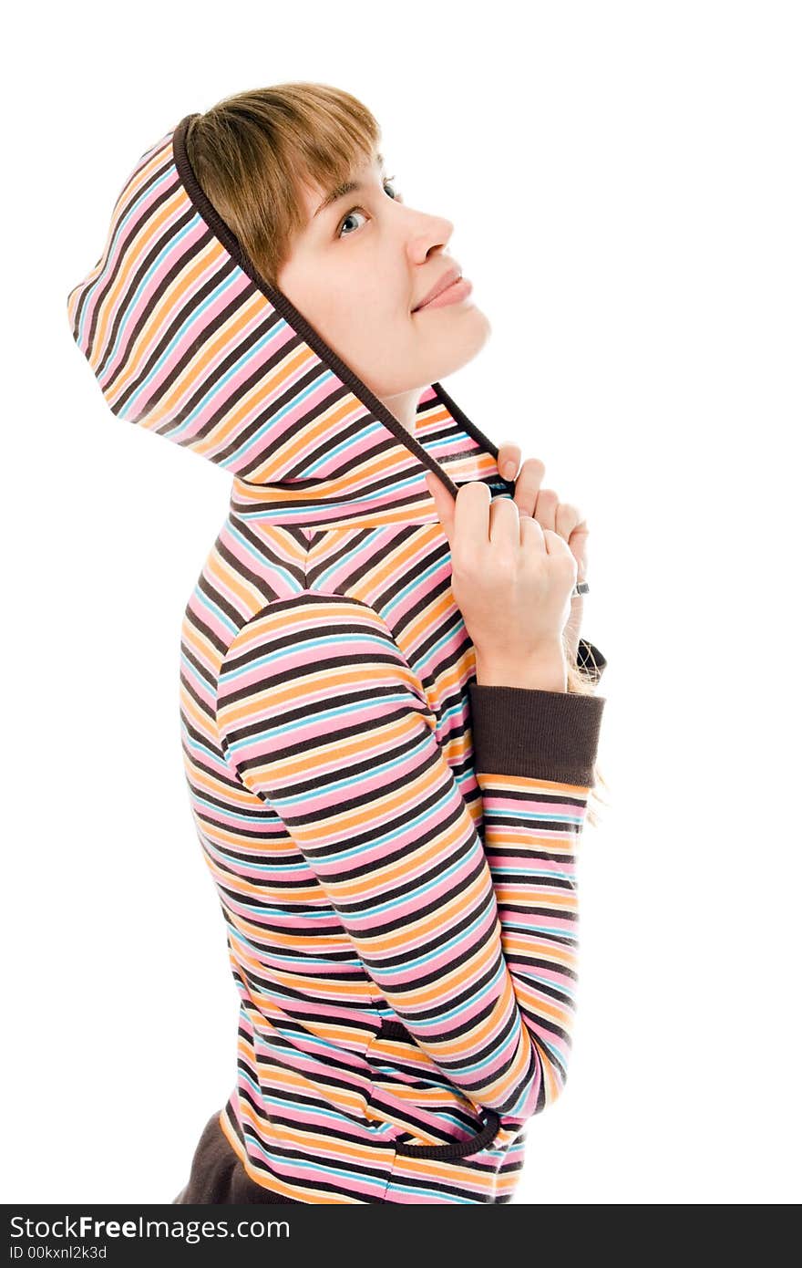 Young beauty woman in hood portrait over white background