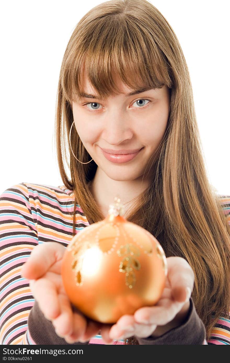 Beauty girl portrait show christmas tree ball on palm over white. Beauty girl portrait show christmas tree ball on palm over white