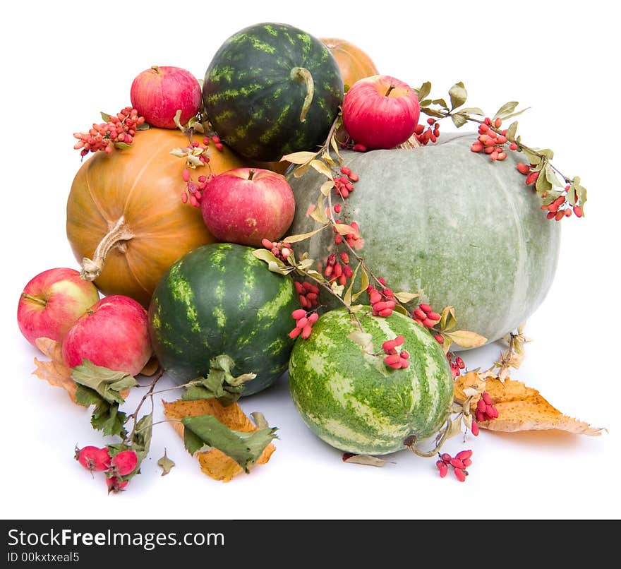 Colorful pumpkins, apples, water melons on white background. Colorful pumpkins, apples, water melons on white background