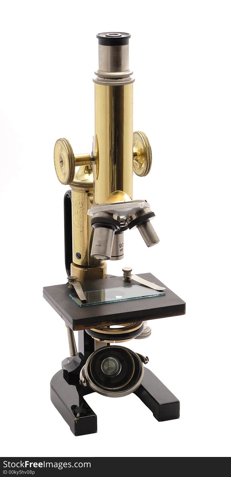 The old microscope from personal collection without trademark.