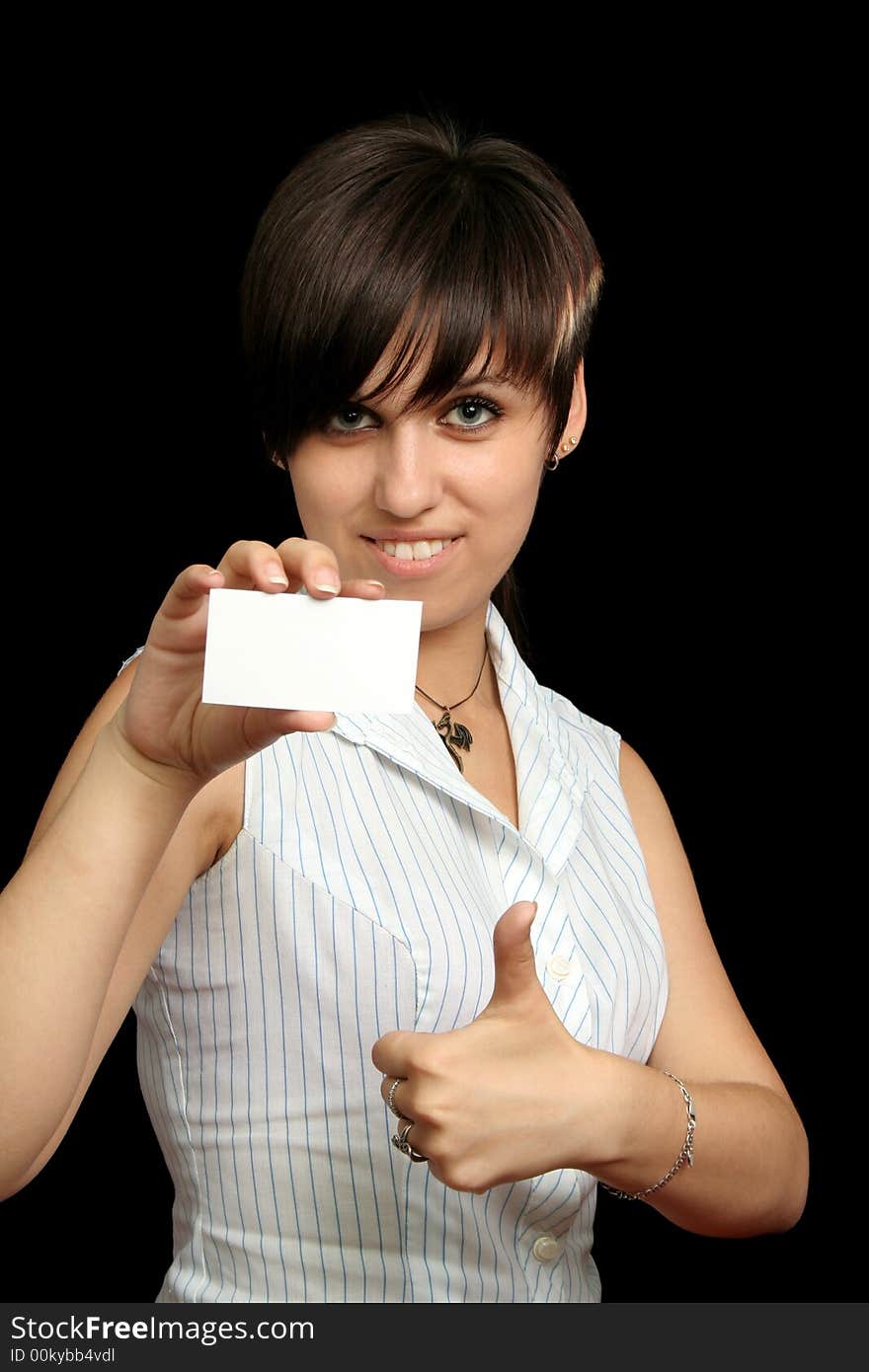 Girl with paper for text, isolated on black