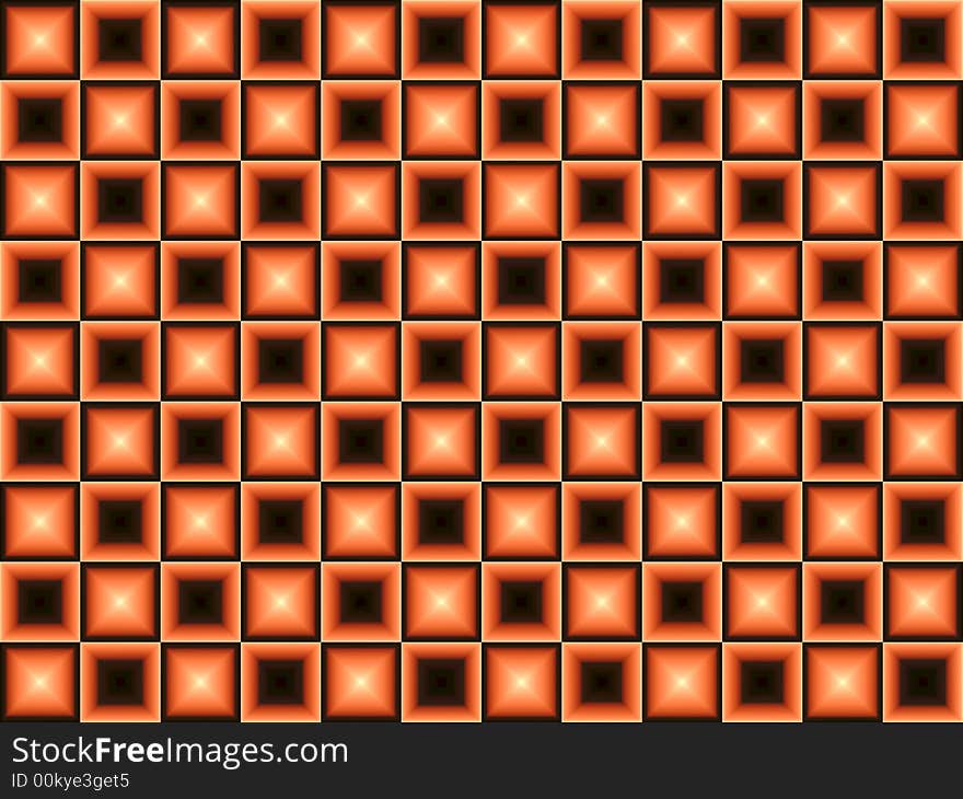 Orange and Black Background.  Orange and black squares half with black centers and half with bright light effect in center.