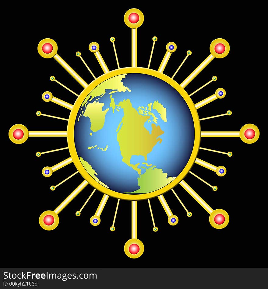 A golden jewellery with the earth in the middle. A golden jewellery with the earth in the middle