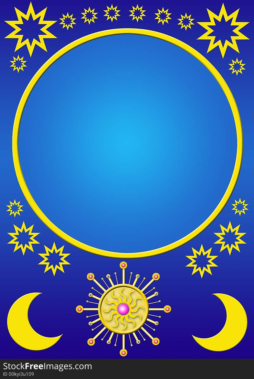 A darkblue gradient frame with stars around and a golden jewellery in the bottom. A frame in the middle with golden border for filling. A darkblue gradient frame with stars around and a golden jewellery in the bottom. A frame in the middle with golden border for filling