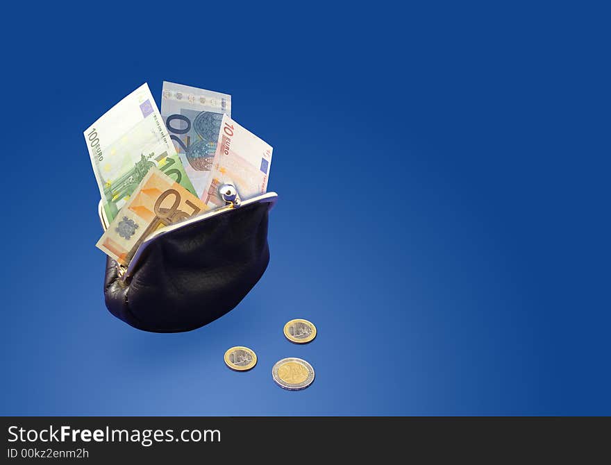 Conceptual illustration. Euro money in black purse. Object on blue background. Conceptual illustration. Euro money in black purse. Object on blue background.