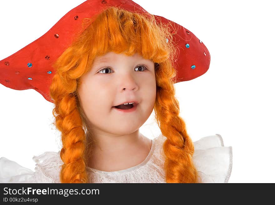 Pretty baby in festival dress red hat and red plait over white background