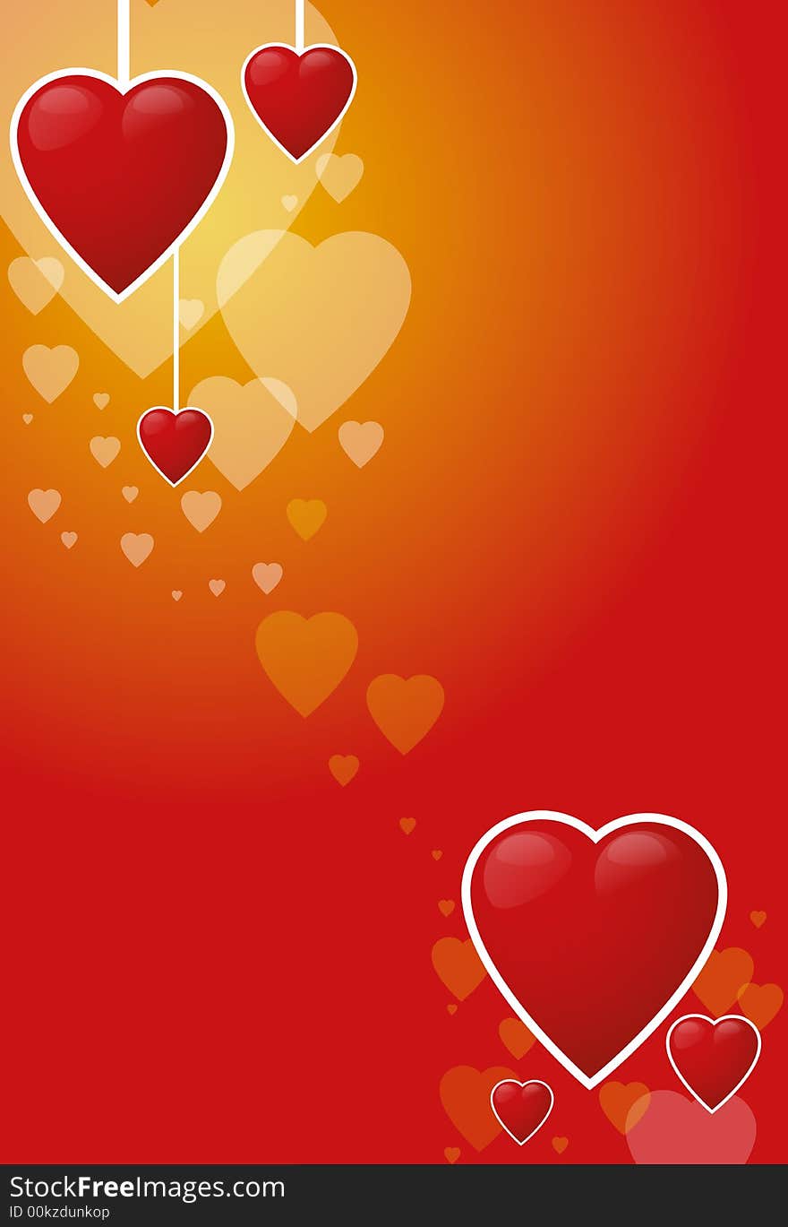 Background with red hearts on white ribbons. Background with red hearts on white ribbons