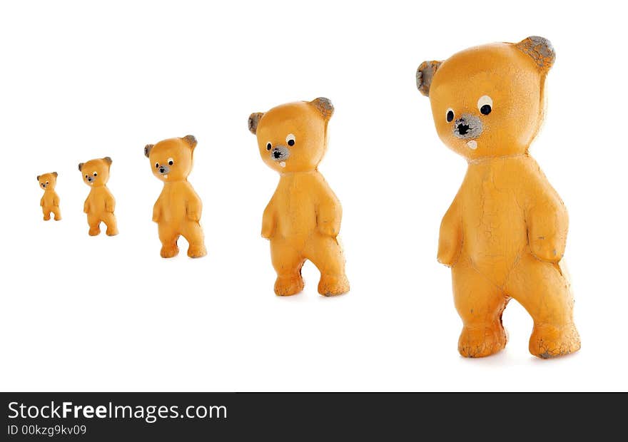 Old rubber bears standing in line. Old rubber bears standing in line