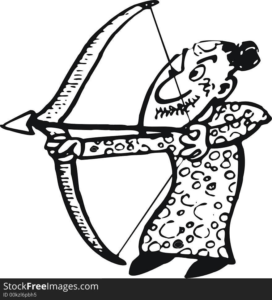 Art illustration BW: an old woman playing arch and arrow. Art illustration BW: an old woman playing arch and arrow