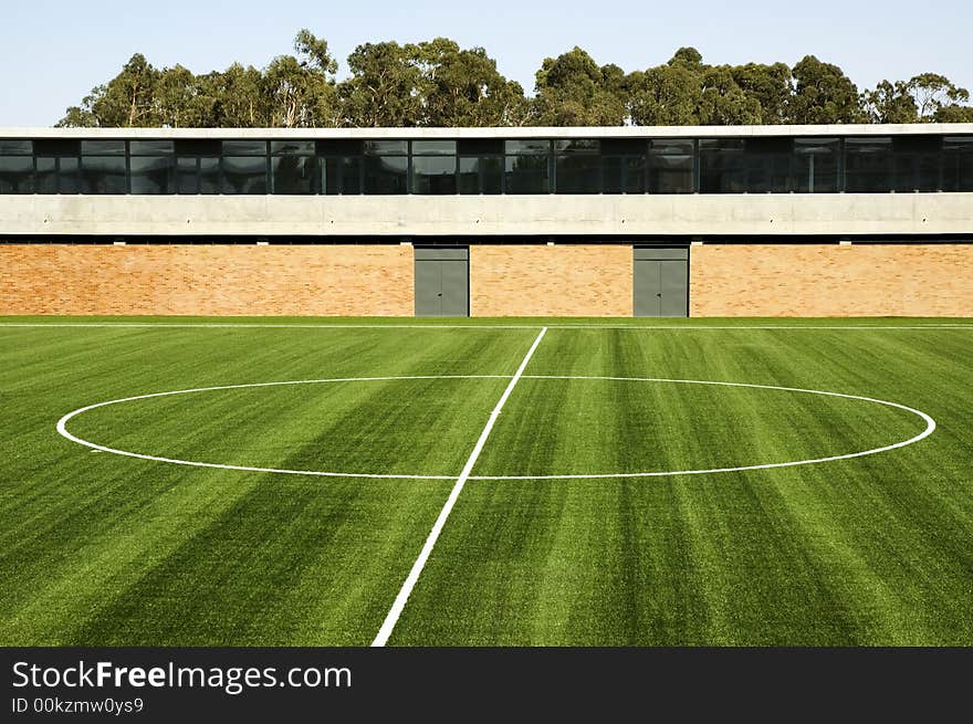 Centerline of an empty soccer stadium