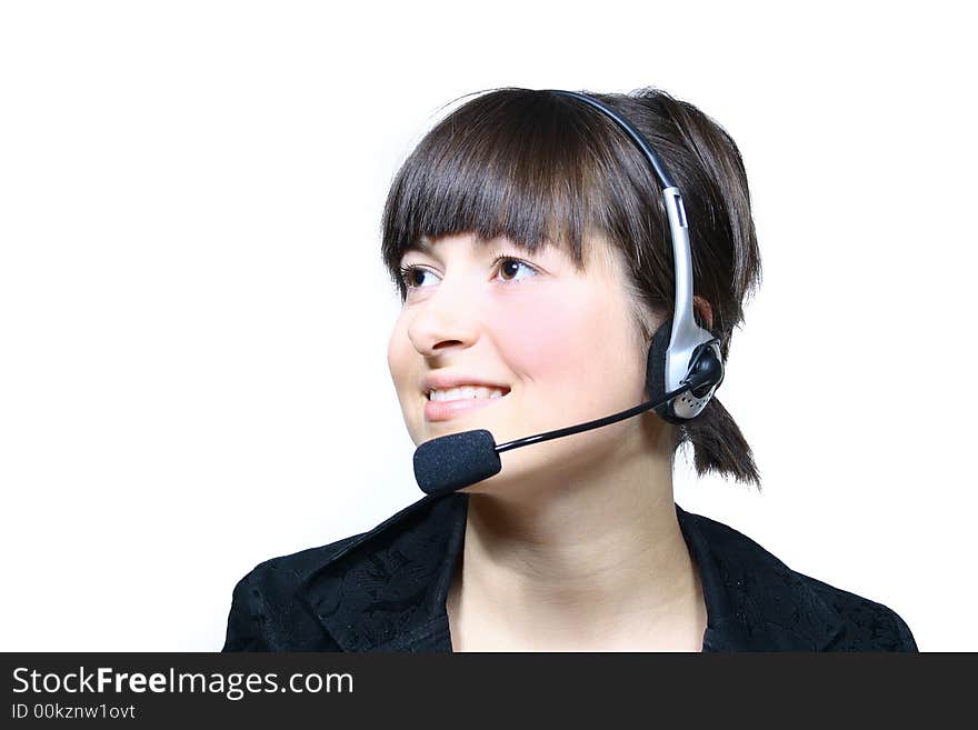 Portrait of beautiful smiling telephone operator with headset