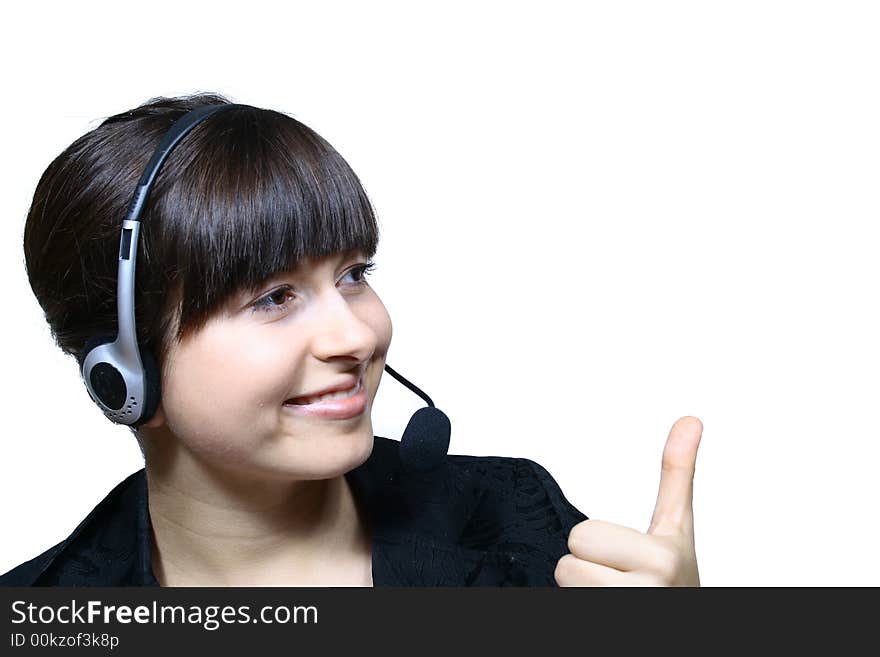 Portrait of beautiful smiling telephone operator with headset