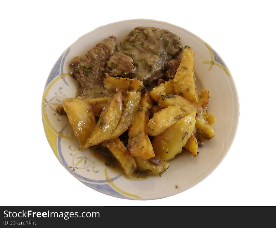 Beef with potatoes on a white plate. Beef with potatoes on a white plate