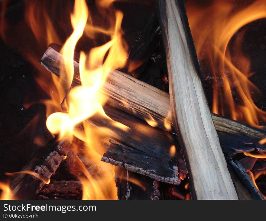 Logs burning in a camp fire.