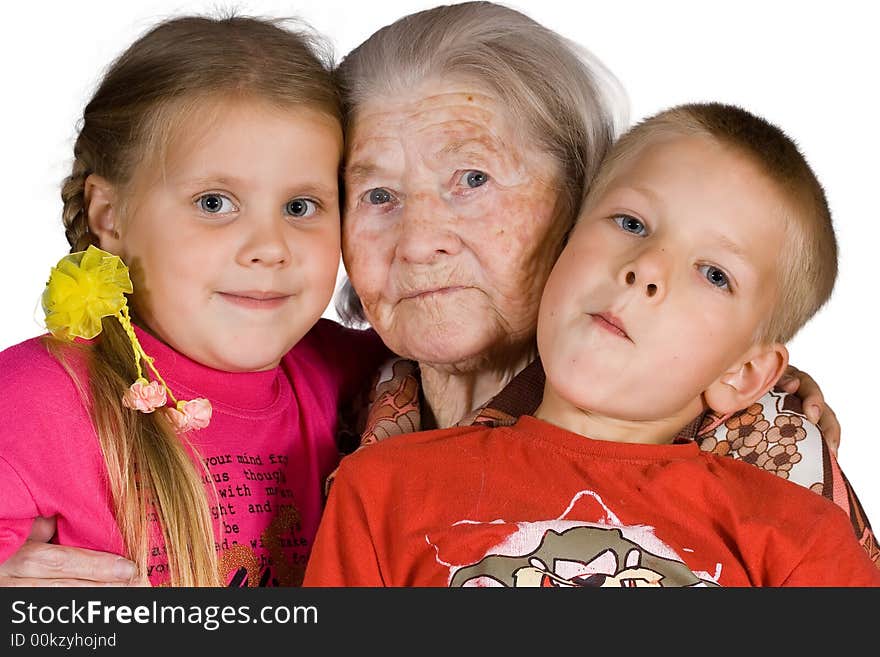 Happy grandsons sit with the grandmother. Happy grandsons sit with the grandmother