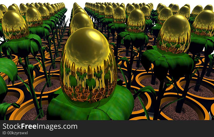 Computer-generated 3D illustration depicting a golden egg plant (concept: wealth). Computer-generated 3D illustration depicting a golden egg plant (concept: wealth)