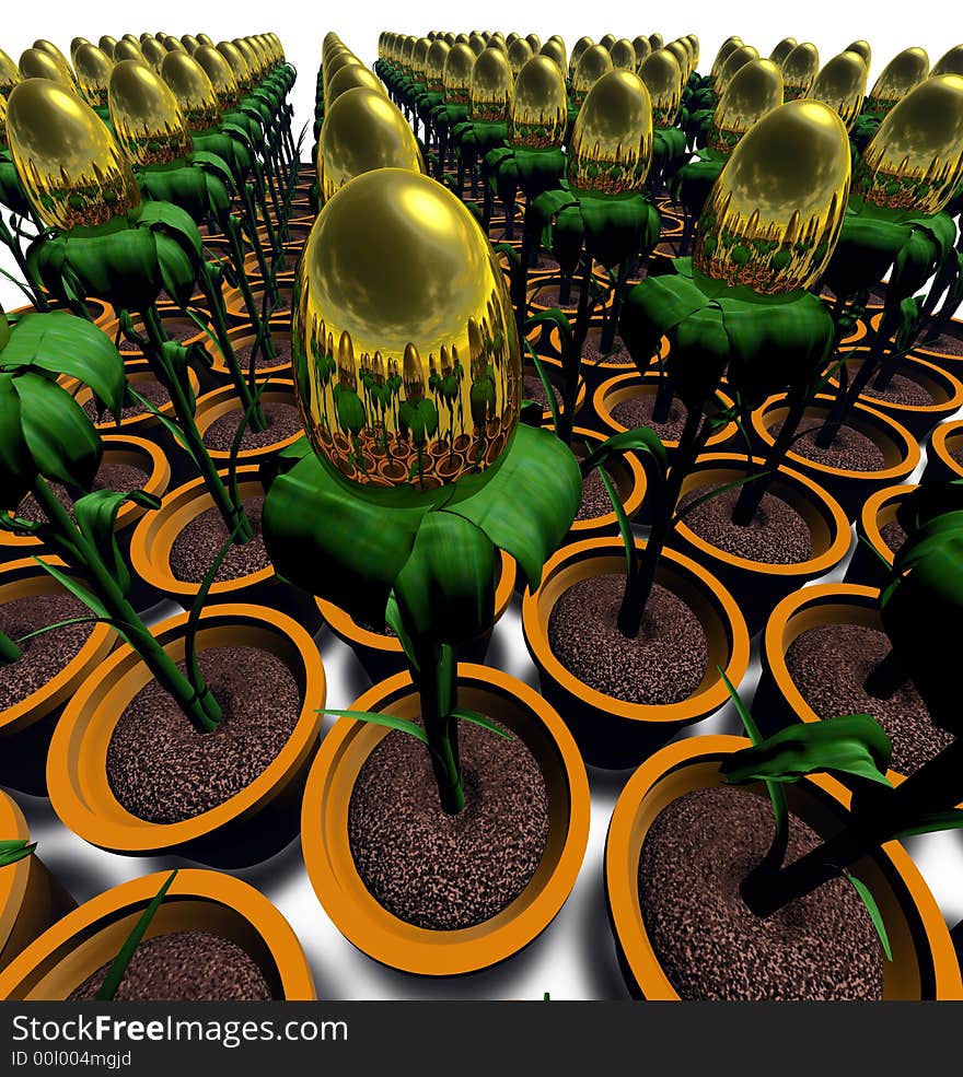 Computer-generated 3D illustration depicting a golden egg plant (concept: wealth). Computer-generated 3D illustration depicting a golden egg plant (concept: wealth)