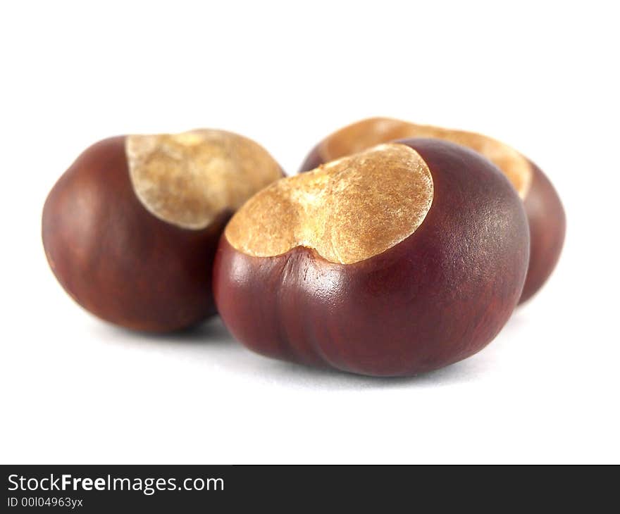 Three piece of  isolated  chestnuts on white background