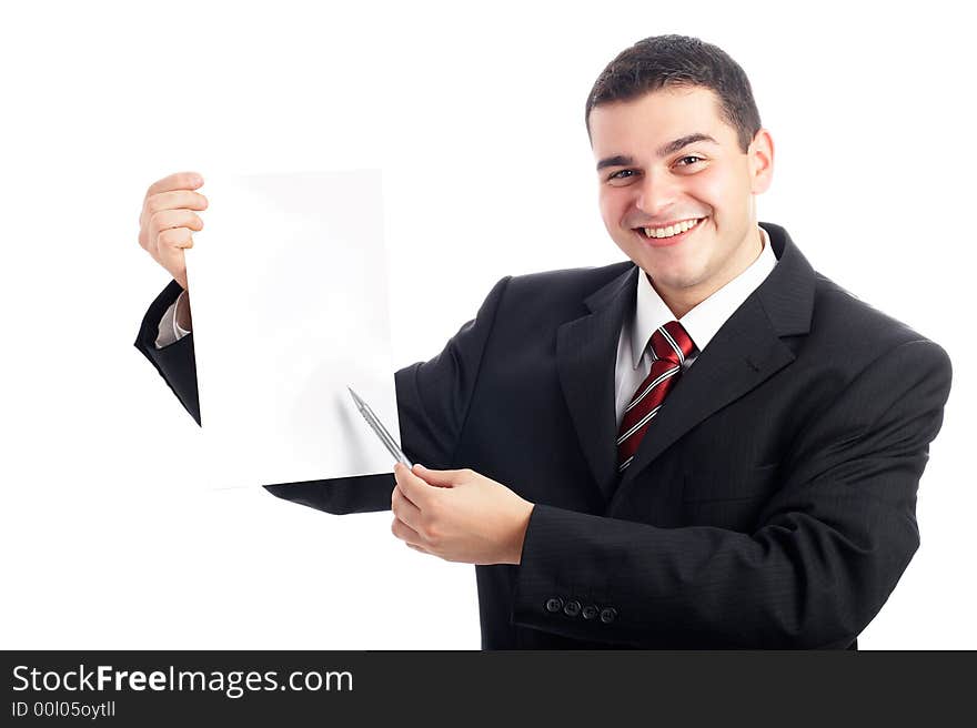 Handsome Businessman in black outfit shot in studio isolated on white - presenting