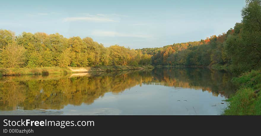 Scene of autumn forest at the river