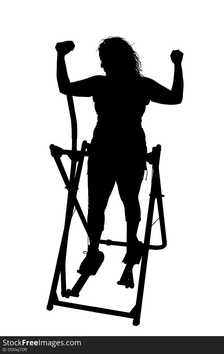 Silhouette over white with clipping path. Woman on exercise machine with handweights. Silhouette over white with clipping path. Woman on exercise machine with handweights.