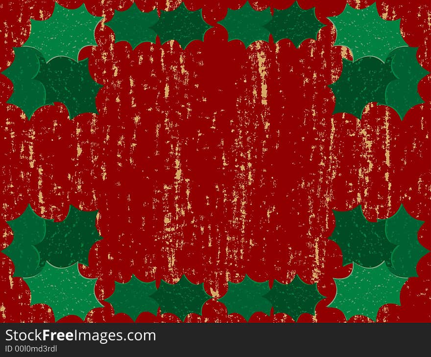 Grungy holly frame on a red and gold wood texture background with copyspace room