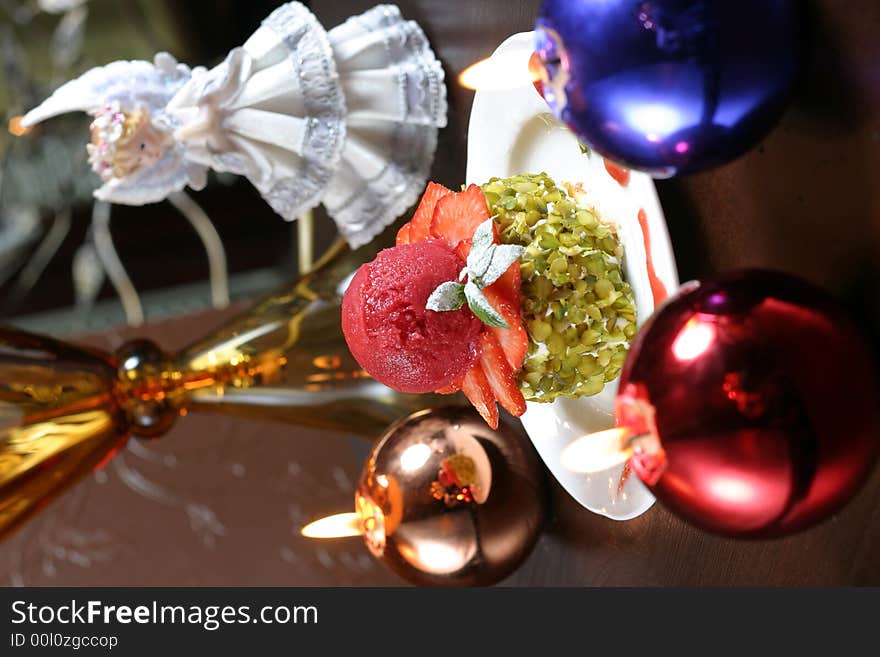 Christmas fruit cake with ice-cream