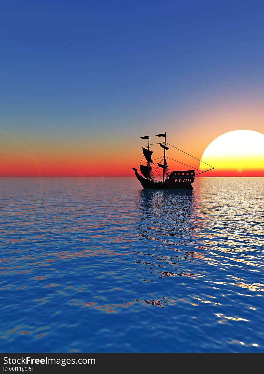 Small boat and  sunset  sky - 3d landscape scene .