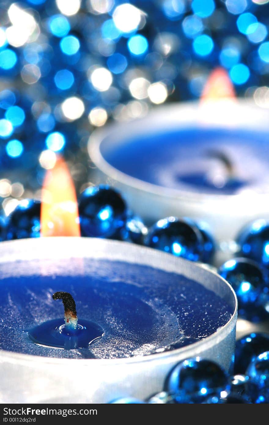 Blue candles with decoration balls. Blue candles with decoration balls