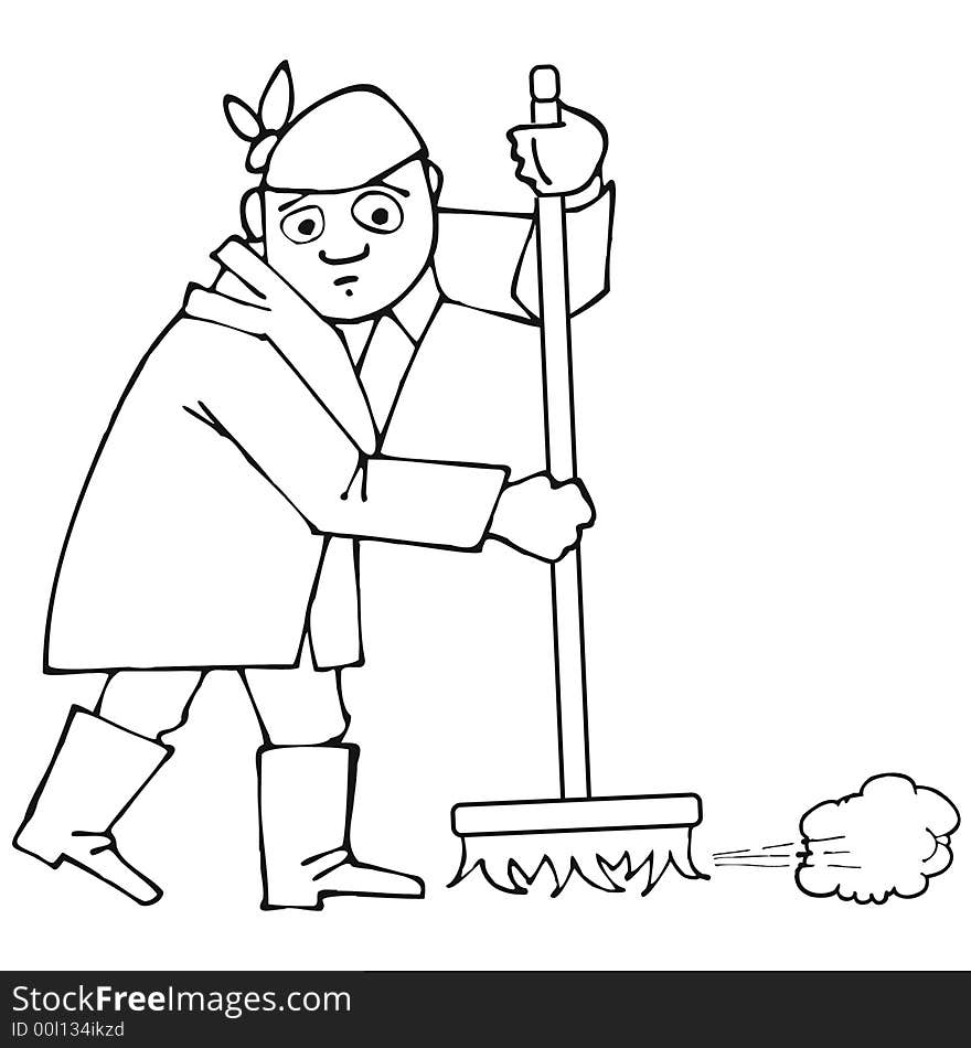 Line art illustration: a man with a broom. Line art illustration: a man with a broom