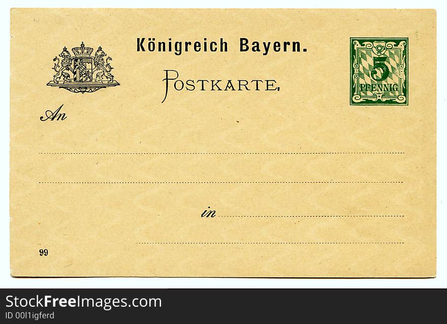 Old grunge, stained, yellowed, ancient letter from German postcard Bavarian Kingdom. Old grunge, stained, yellowed, ancient letter from German postcard Bavarian Kingdom