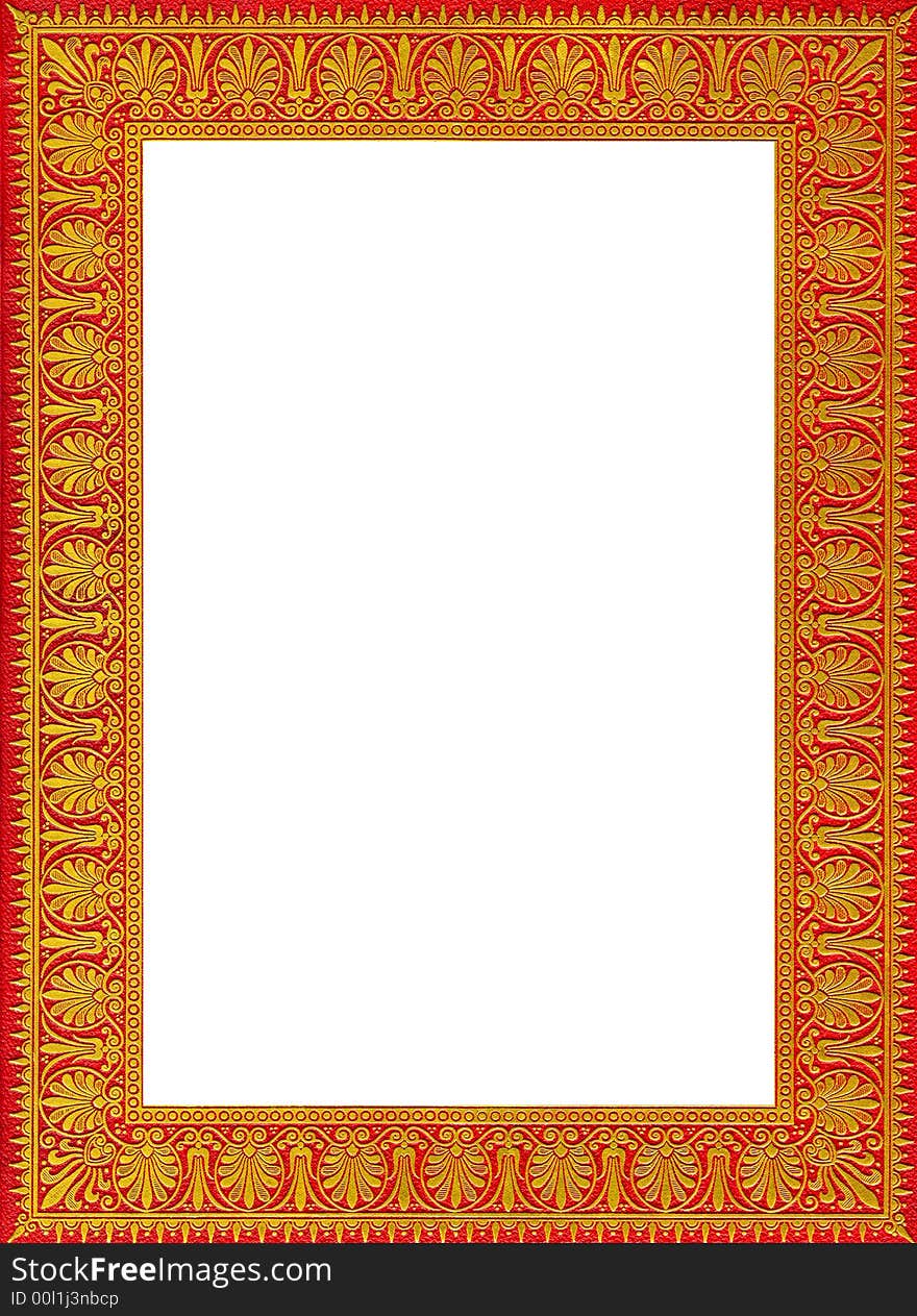 Frame of an old ancient red book cover with ornaments from 1885 with golden ornaments. Frame of an old ancient red book cover with ornaments from 1885 with golden ornaments
