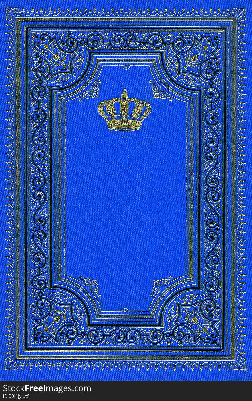 Old ancient deep blue book page with ornaments from 1897 with golden crown