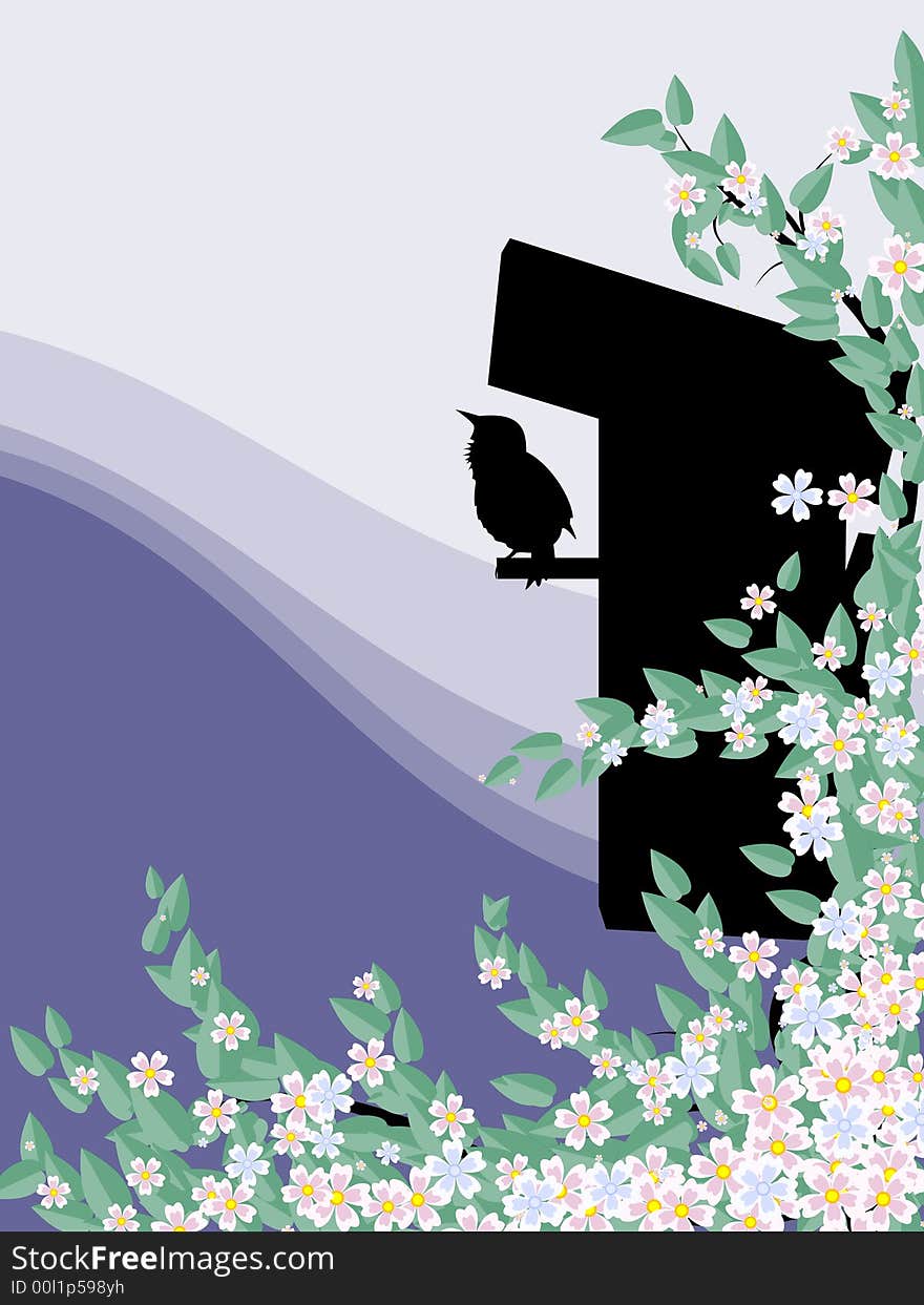 Silhouette of singing starling and starling-house at the tree with flowers