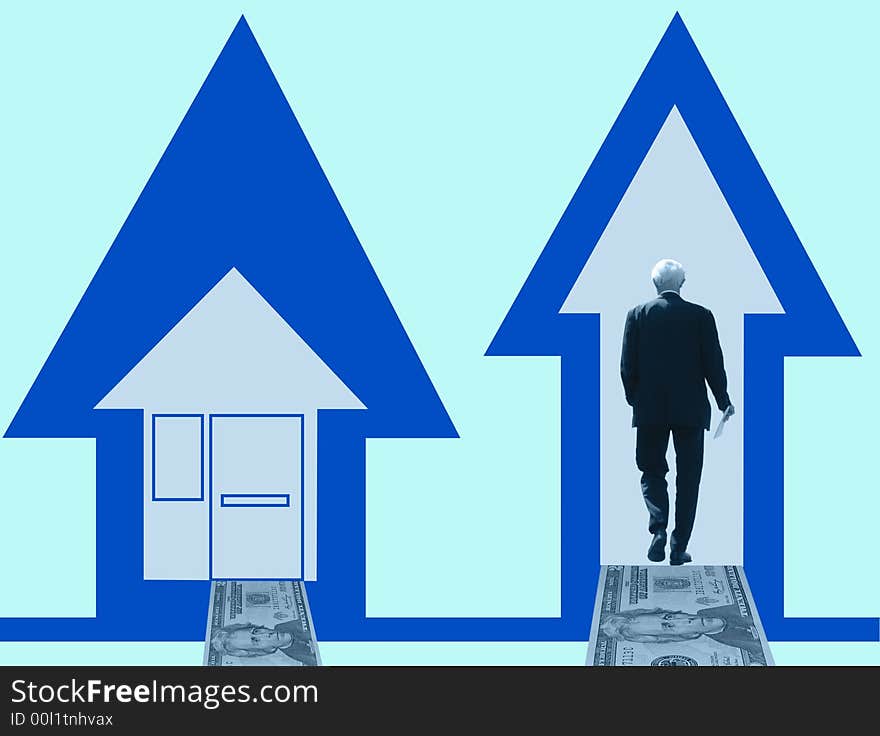 The buildings are created with arrow signs.  The businessman is walking on a $20 bill. All together is the meaning of this design Entering the business world.