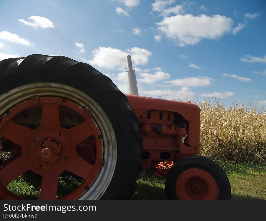 Tractor in front of a corn field in early fall. Tractor in front of a corn field in early fall