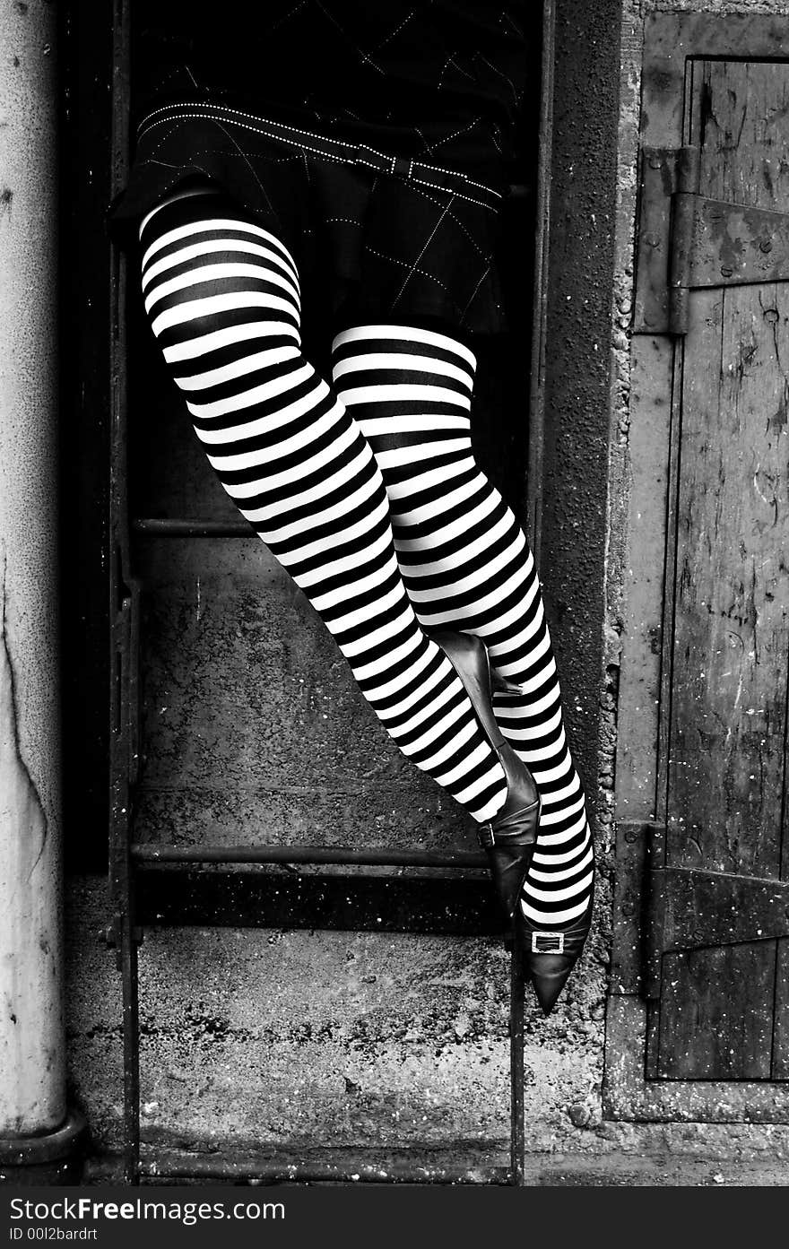 Womans legs with striped stockings on ladder. Womans legs with striped stockings on ladder