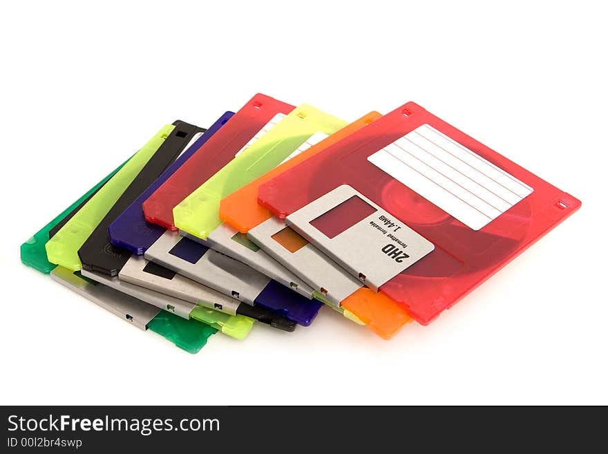 Close up of floppy discs isolated on a white background