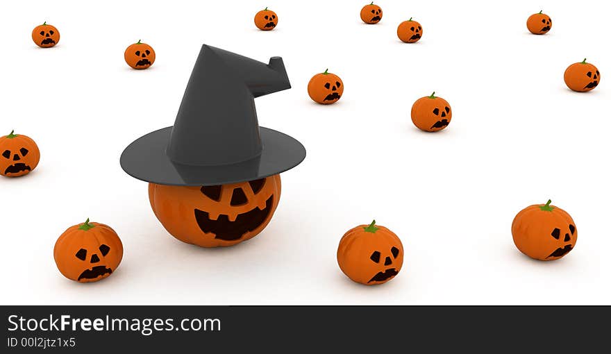 Isolated orange pumpkins. One with hat. Isolated orange pumpkins. One with hat.