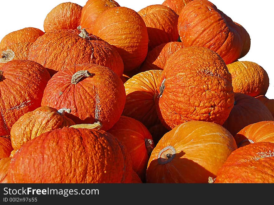 A pile of orange rough skinned pumpkins against a white background. A pile of orange rough skinned pumpkins against a white background