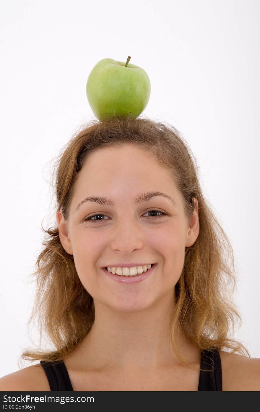 Fitness girl with apple, isolated