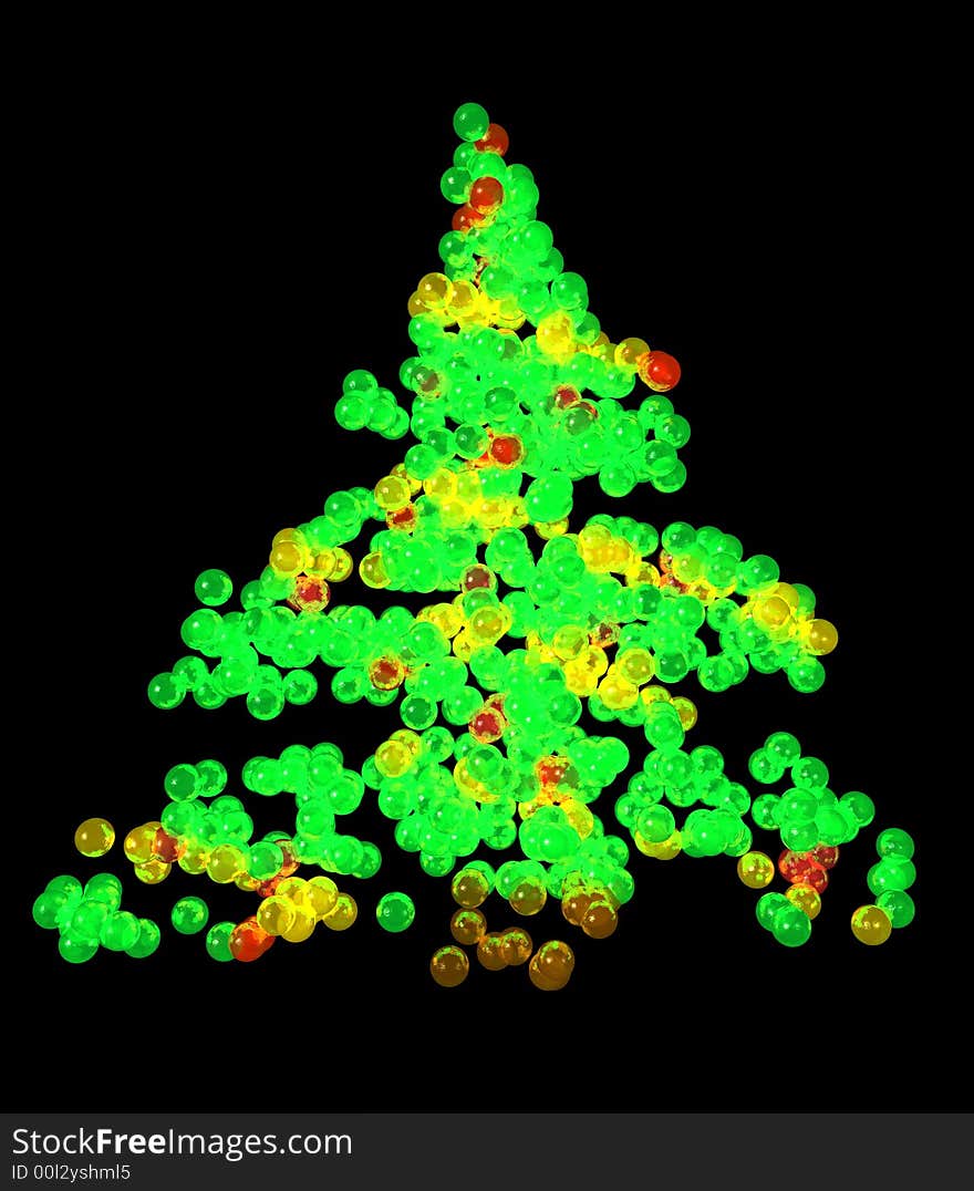 A unique abstract Christmas tree created using various spherical partials, isolated on a black background.