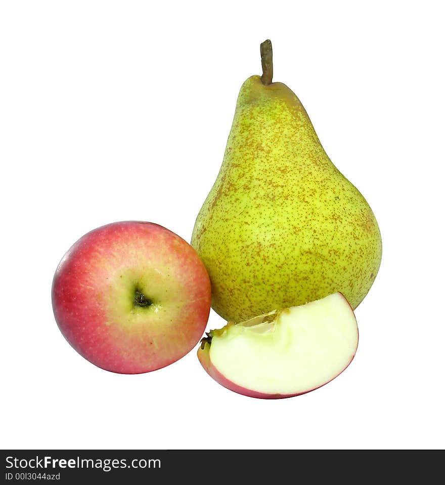 Apple and pear fruits isolated with cut. Apple and pear fruits isolated with cut