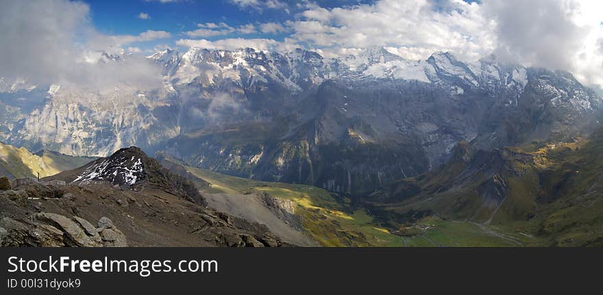 Panorama from Schilthorn (Piz Gloria) in Switzerland to Eiger, Jungfrau massif.