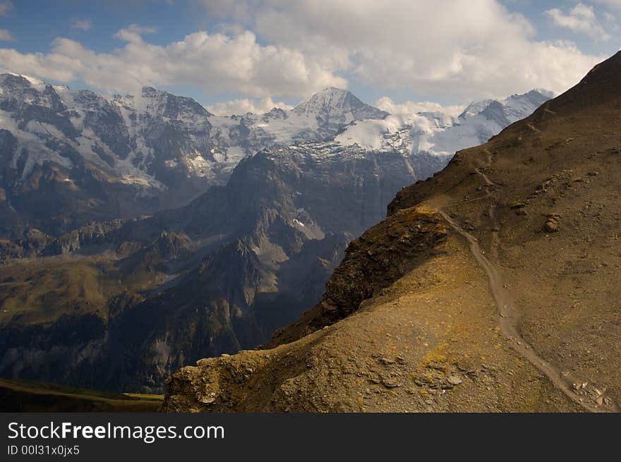 Panorama from Schilthorn (Piz Gloria) in Switzerland towards Jungfrau massif. Panorama from Schilthorn (Piz Gloria) in Switzerland towards Jungfrau massif.