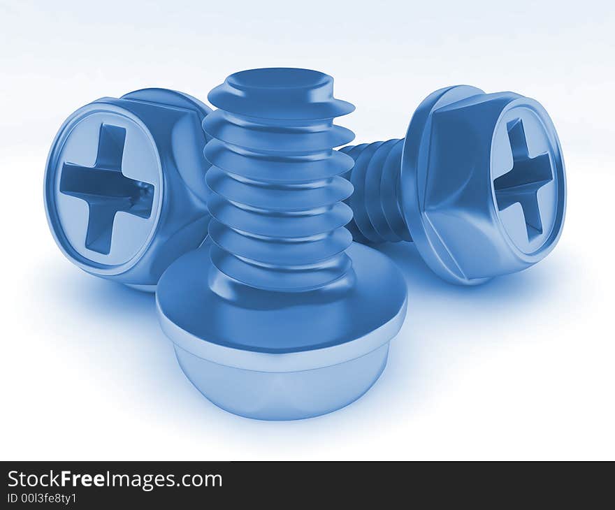 Blue metallic bolts with a matte surface on a white background