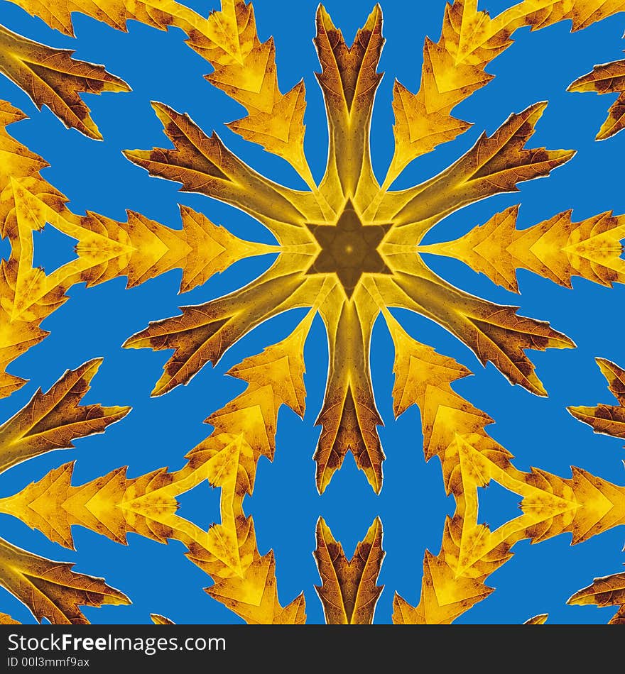 Unique geometric leaf star design with contrasting blue and gold colors. Unique geometric leaf star design with contrasting blue and gold colors