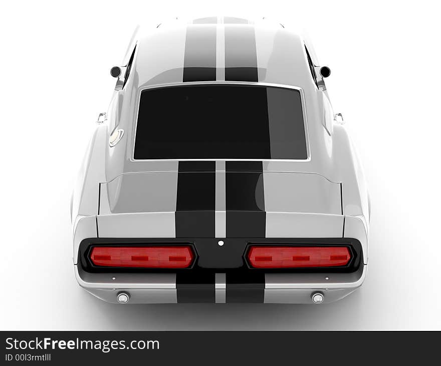 Realistic render three-dimensional model of the silvery Shelby Mustang GT500 of 1967