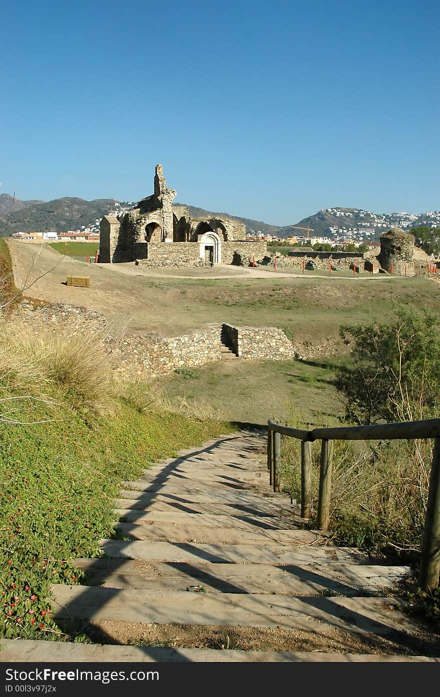 Ruins of a church with stairs, grass and trees. Ruins of a church with stairs, grass and trees